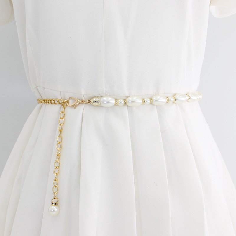 Pearl Chain Belt For Dress Gold Metal Black White Pearl Crystal Beaded Waist Belt Lady