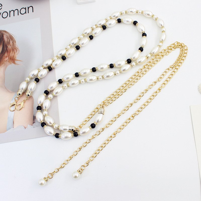 Pearl Chain Belt For Dress Gold Metal Black White Pearl Crystal Beaded Waist Belt Lady