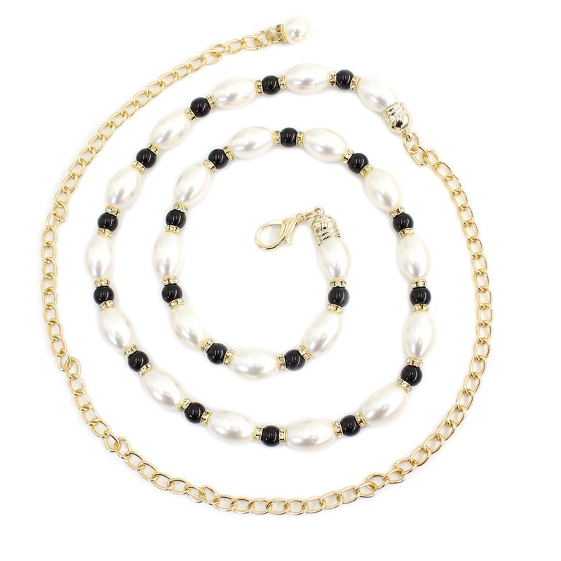 Pearl Chain Belt For Dress Gold Metal Black White Pearl Crystal Beaded Waist Belt Lady