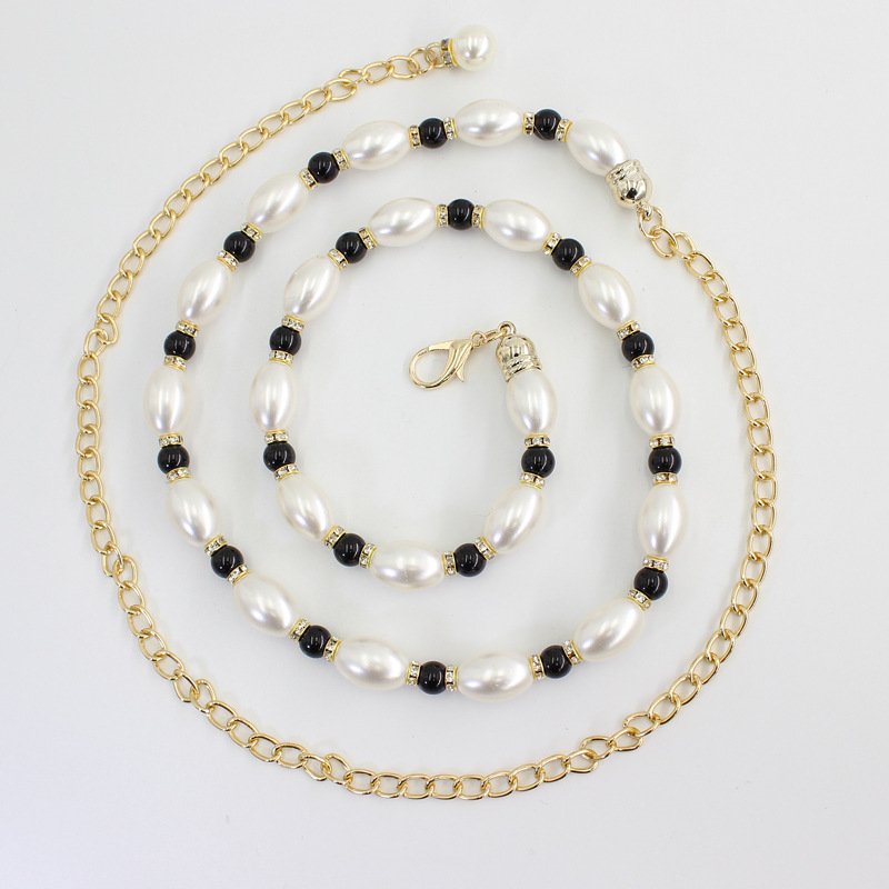 Pearl Chain Belt For Dress Gold Metal Black White Pearl Crystal Beaded Waist Belt Lady