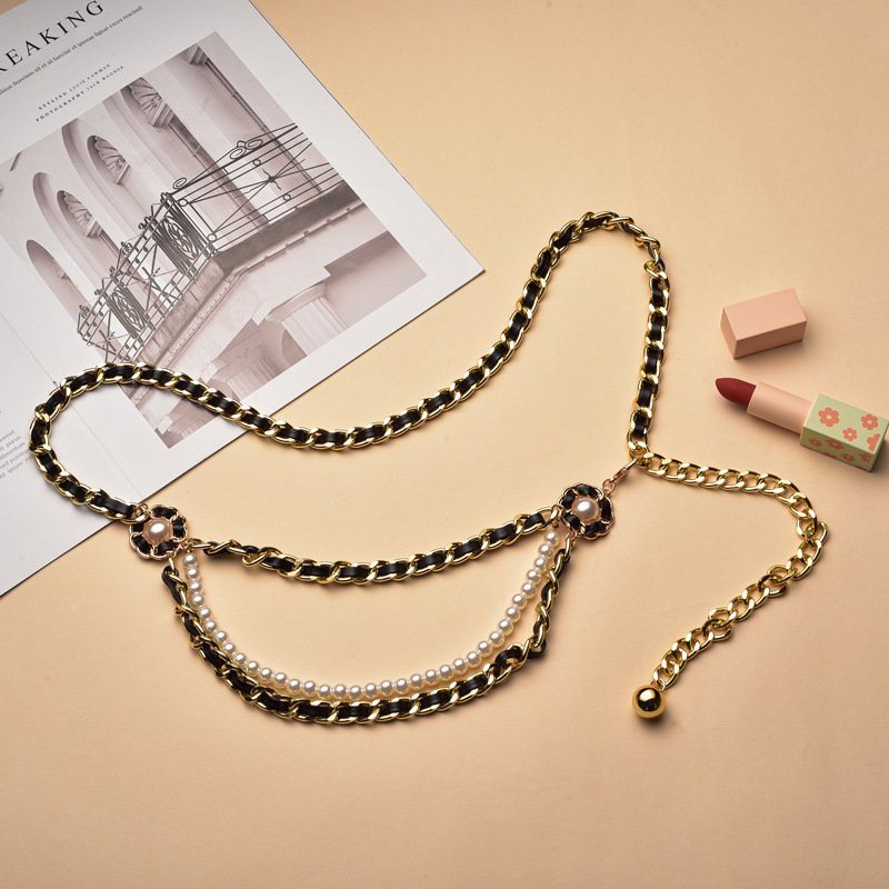 Fashion Multi-layer Braided Pearl Beaded Waist Chain Belt Women Waist With PU Strap Chain Belt For Ladies Dress Decorations