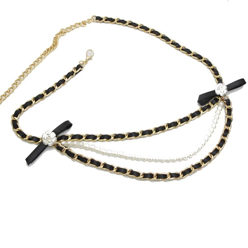 Fashion Multi-layer Braided Pearl Beaded Waist Chain Belt Women Waist With PU Strap Chain Belt For Ladies Dress Decorations