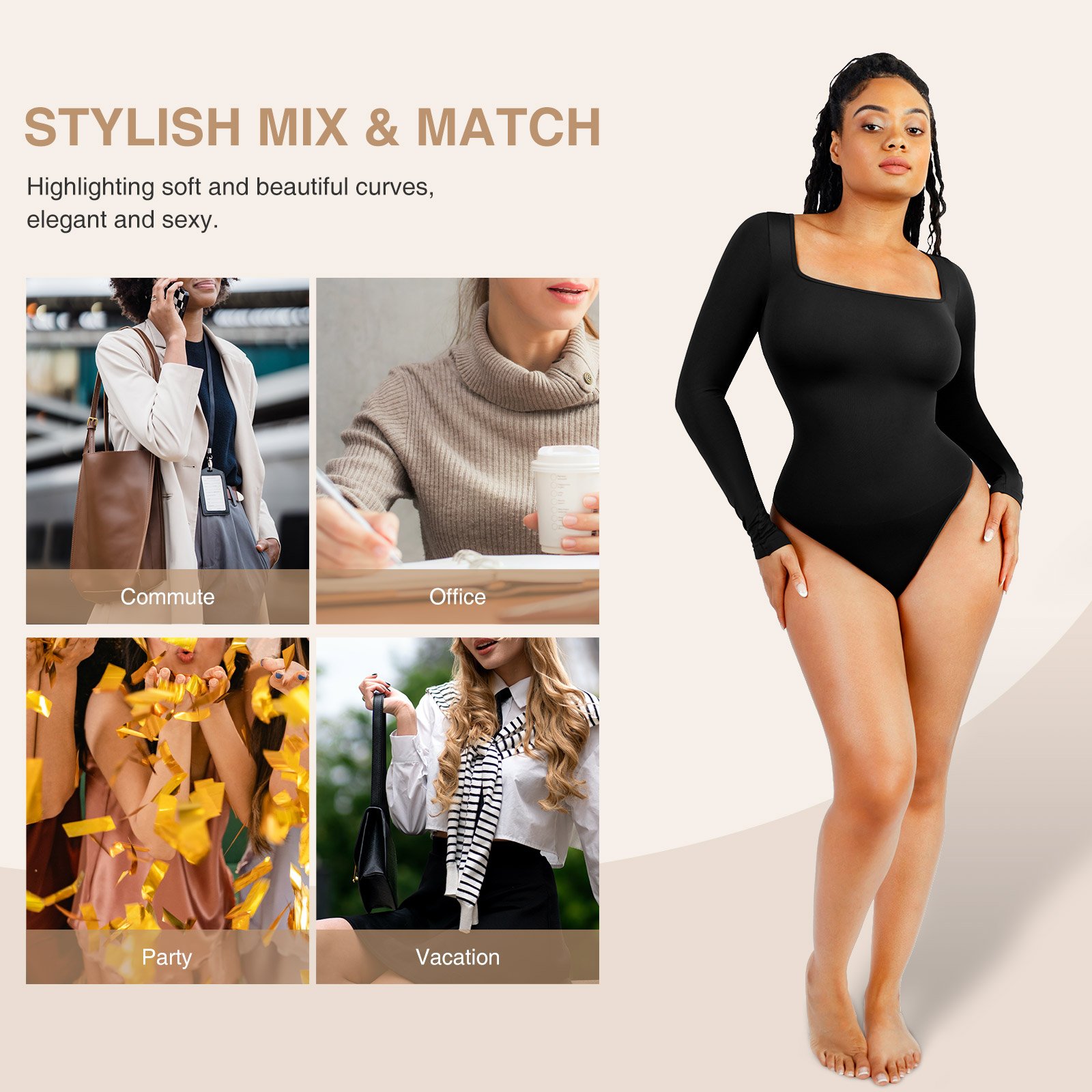 Hexin 2023 New Slimming Seamless Shapewear Body Shaper Square Neck Long Sleeve Thong Bodysuit Women