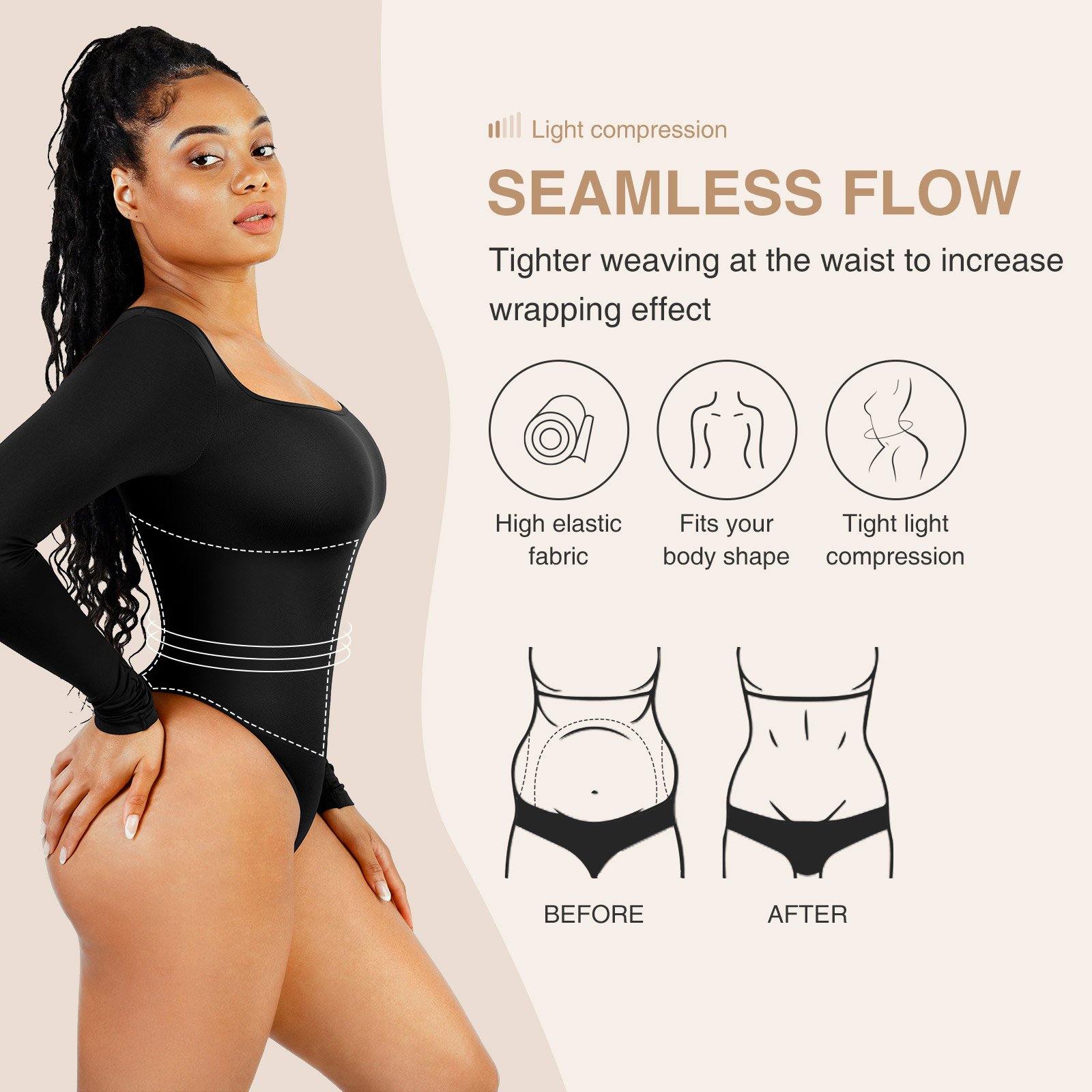 Hexin 2023 New Slimming Seamless Shapewear Body Shaper Square Neck Long Sleeve Thong Bodysuit Women