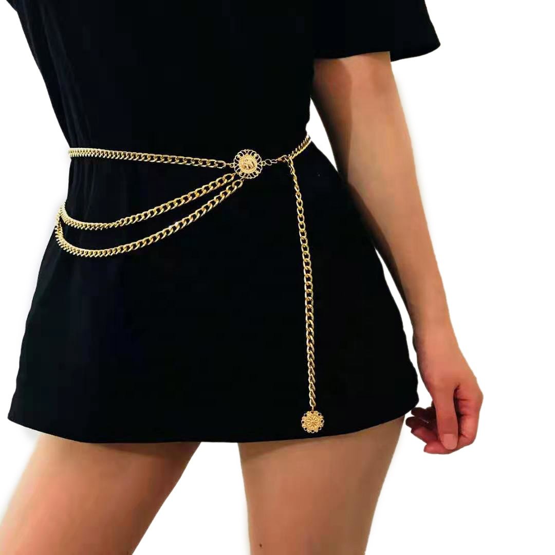 Sexy Long Belly Waistbands for Dress Jeans Skirt Glod Color Fancy Multilayer Metal Waist Chain Dress Belt for Women