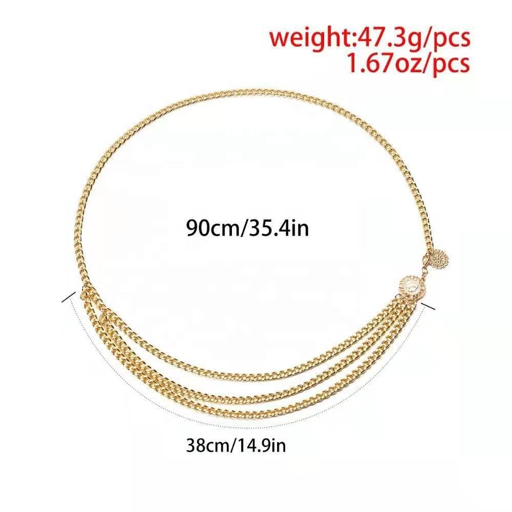 Sexy Long Belly Waistbands for Dress Jeans Skirt Glod Color Fancy Multilayer Metal Waist Chain Dress Belt for Women