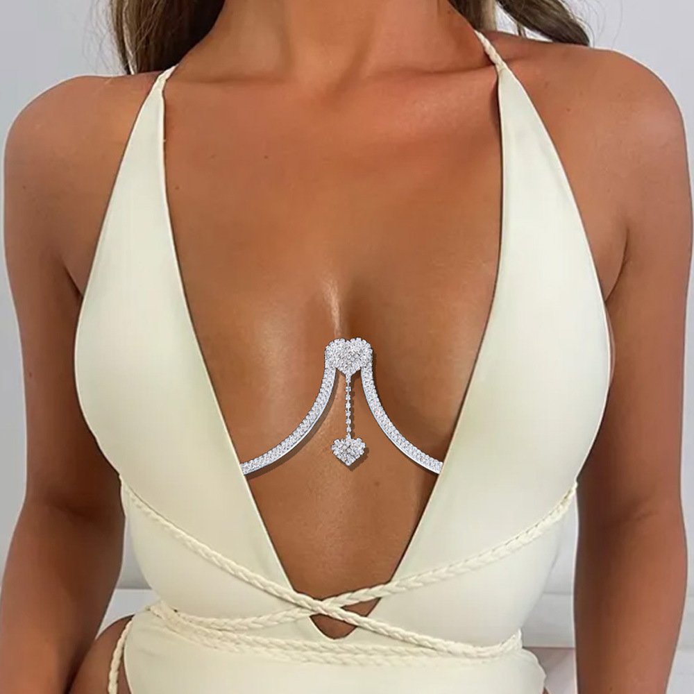Trendy Gold Plated Multi-Layer Waist bra chest Chain Heart Diamond Body Jewelry for Weddings Sexy Fashion Accessory