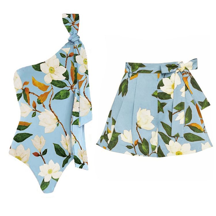 STOCK Custom Print One Shoulder Brand Name Women Swimwear Two Pieces Swimsuit Beach Skirt Cover Up