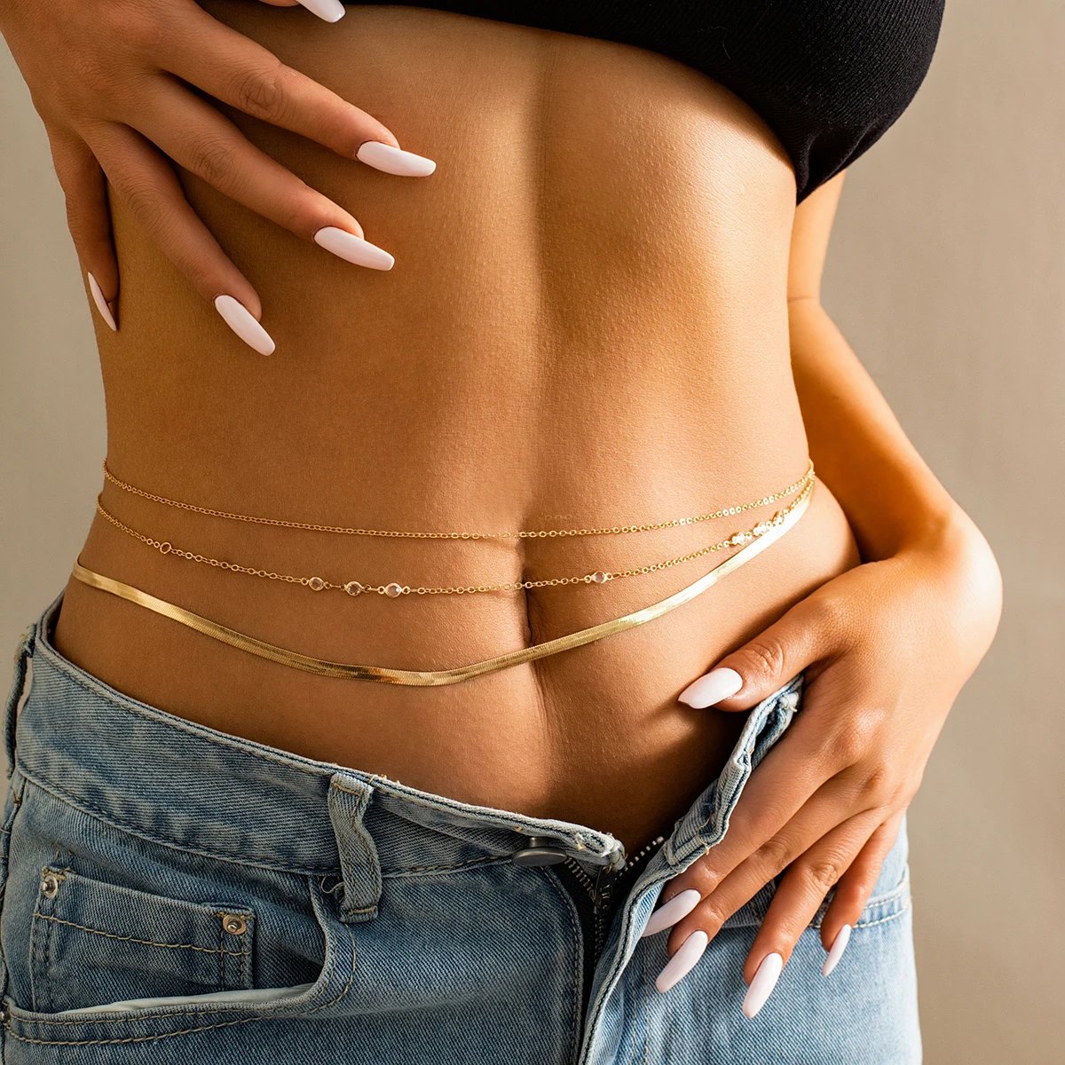 Hot Summer Simple 3pcs/set Crystal Chain Belly Waist Chain for Women Punk Gold Color Flat Snake Chain Bikini Body Jewelry