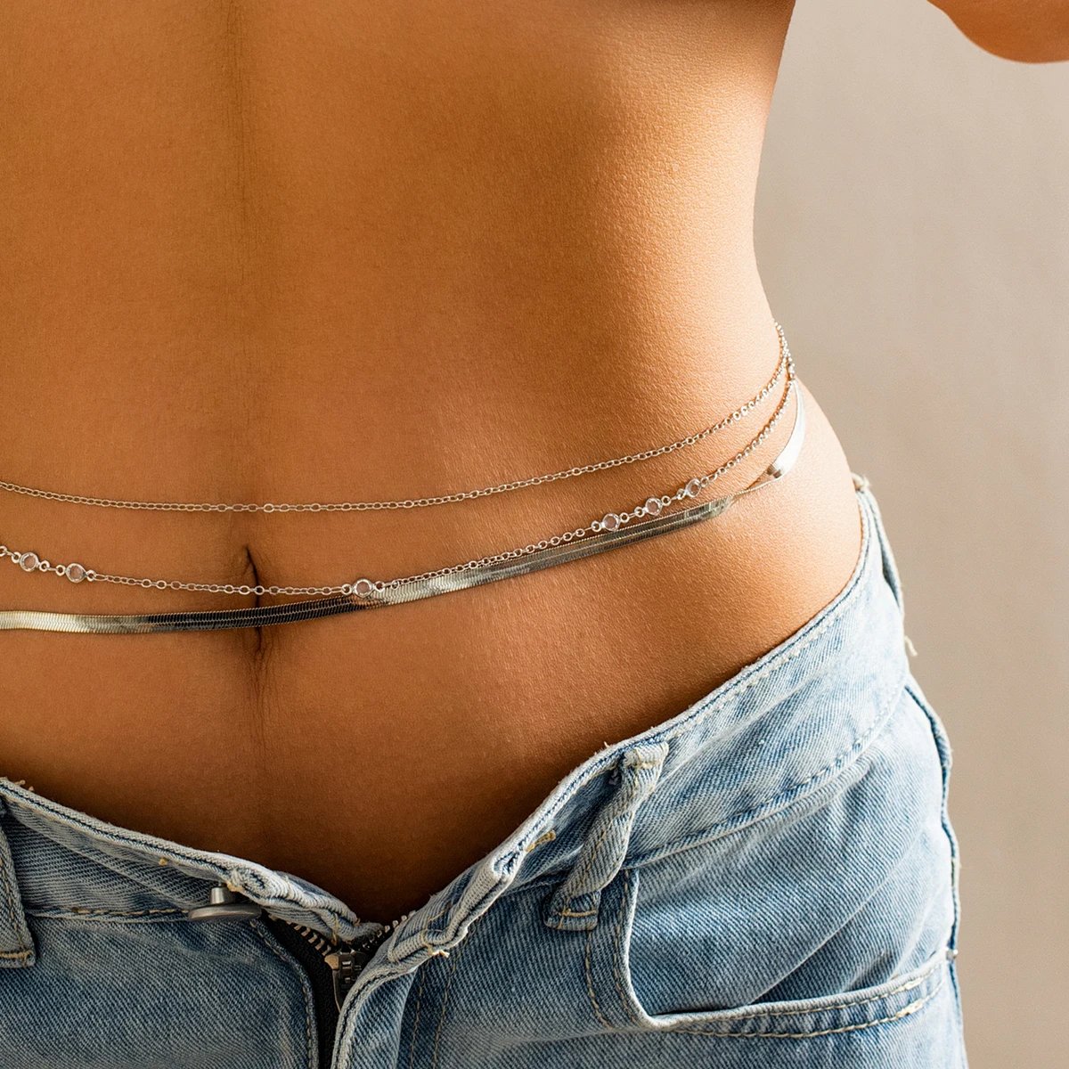 Hot Summer Simple 3pcs/set Crystal Chain Belly Waist Chain for Women Punk Gold Color Flat Snake Chain Bikini Body Jewelry