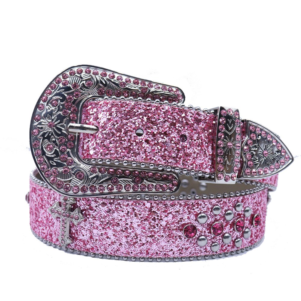 Custom Pink Gold Glitter Genuine Leather Belt Unisex Western Cowboy Luxury Rhinestone Bling Alloy Men's Women's Fashionable