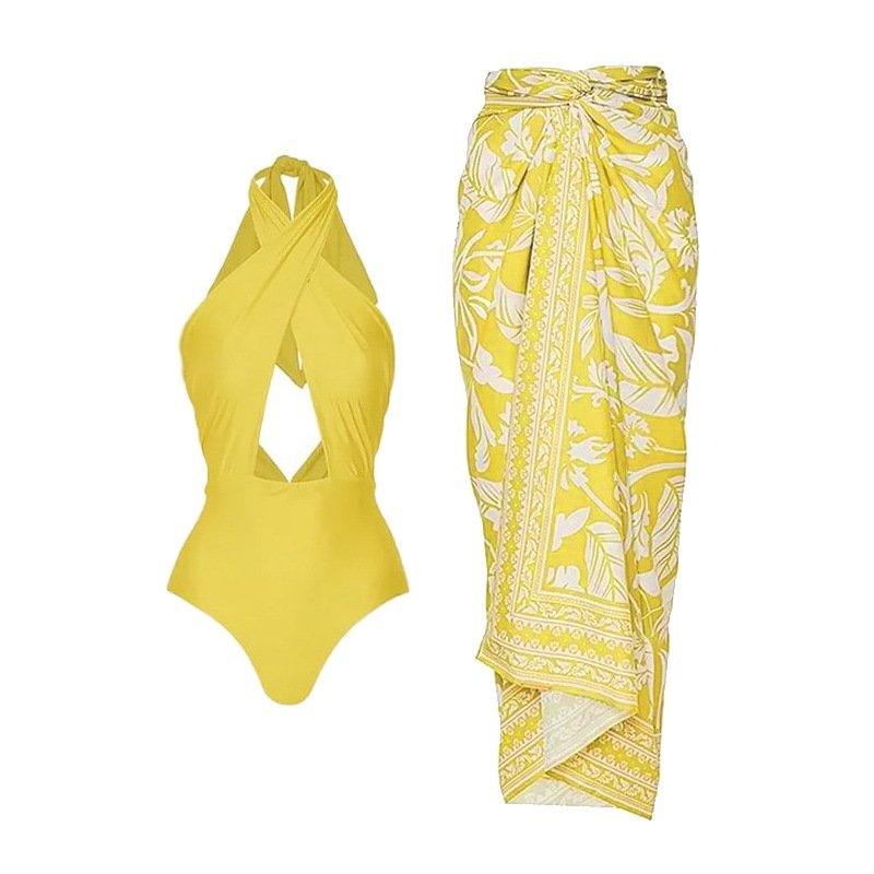 STOCK Halter Ties Neck Back Trend High Waisted Bottom Women Swimwear Print Two Pieces Bathing Suits Beach Sarong