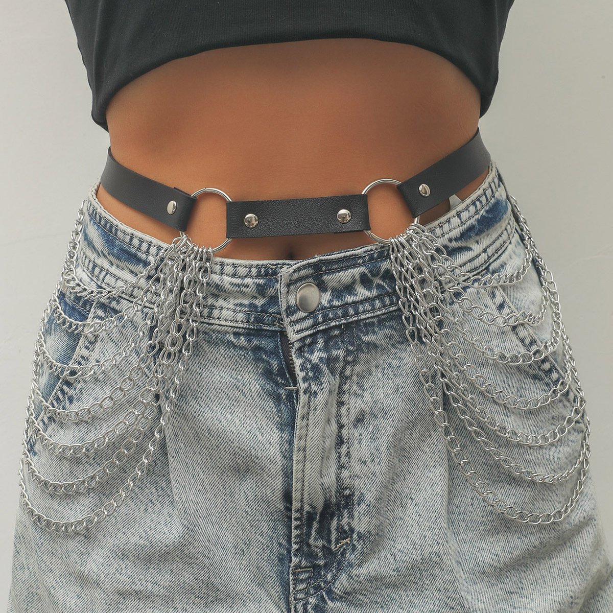 Punk Black Waist Chain Belt Leather Layered Belly Body Chains Rave Body Jewelry Accessories for Women and Girls