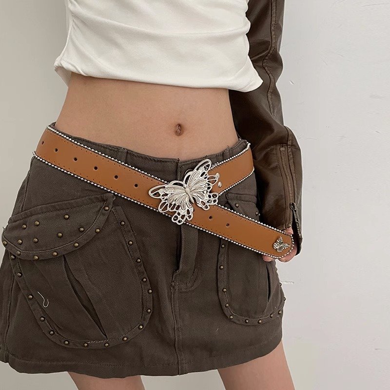 Y2K American Retro Leather Belt 2024 Pink Millennium Spice Girl 100% PU Butterfly Belt with Casual Western Style Ladies Jeans