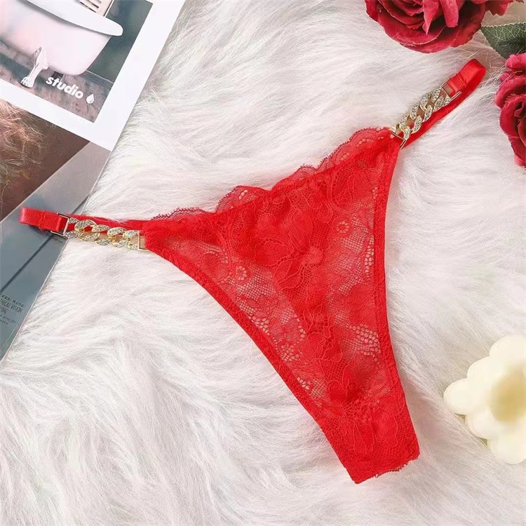 Sexy lace chain diamond belt women's underwear, refreshing and breathable lace girl thong