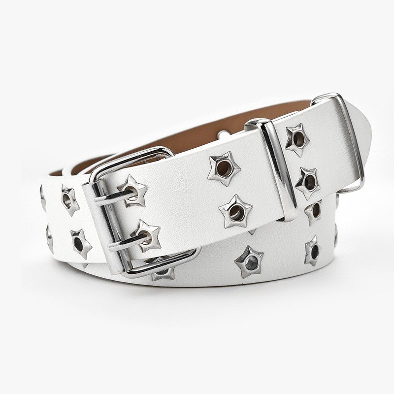 Double Grommet PU Leather Belt for Women/Men Punk metal Jean Belt