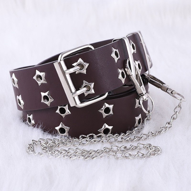 Double Grommet PU Leather Belt for Women/Men Punk metal Jean Belt
