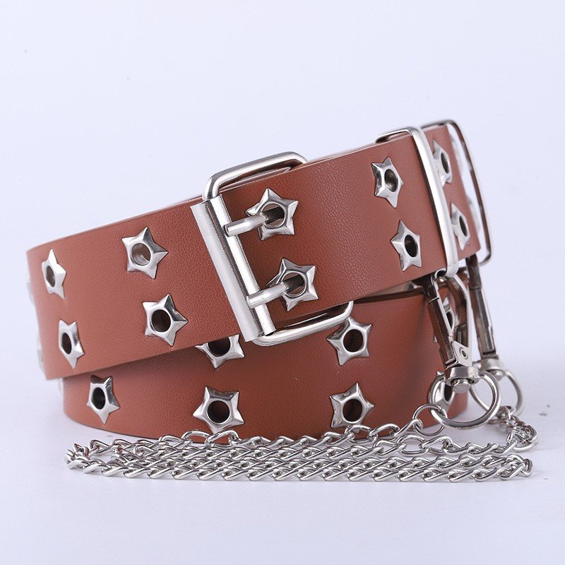 Double Grommet PU Leather Belt for Women/Men Punk metal Jean Belt
