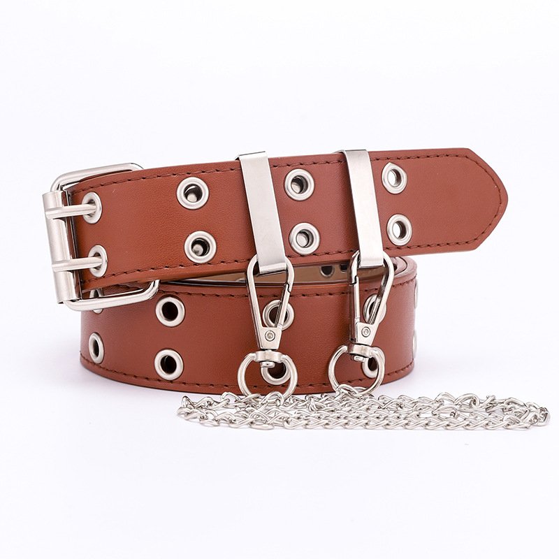 Cheap Double Grommet Metal Chain Western Leather Rock Punk Belt for Women Jeans