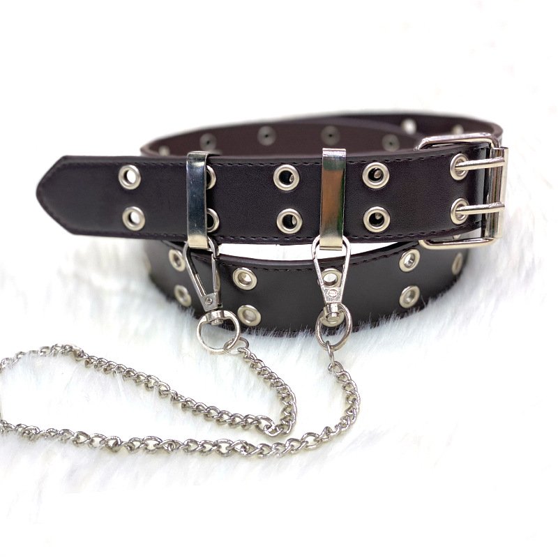 Cheap Double Grommet Metal Chain Western Leather Rock Punk Belt for Women Jeans