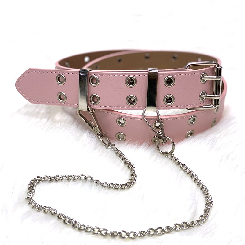 Cheap Double Grommet Metal Chain Western Leather Rock Punk Belt for Women Jeans