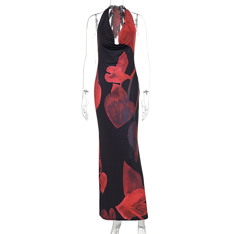 STOCK Halter Neck Backless Print Beach Dress Women Maxi Dress Beachwear