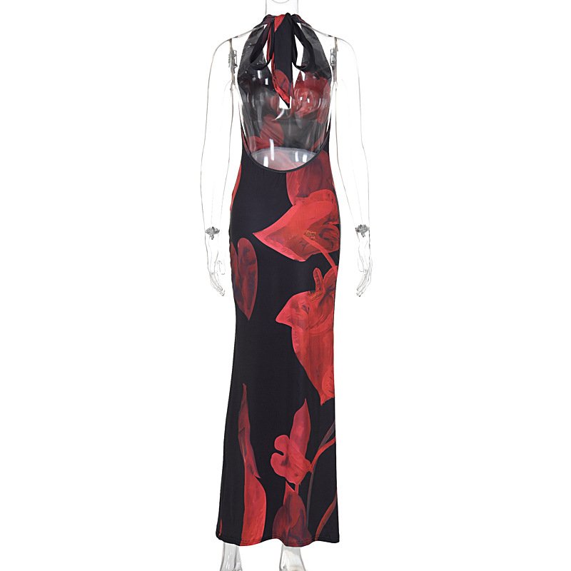 STOCK Halter Neck Backless Print Beach Dress Women Maxi Dress Beachwear