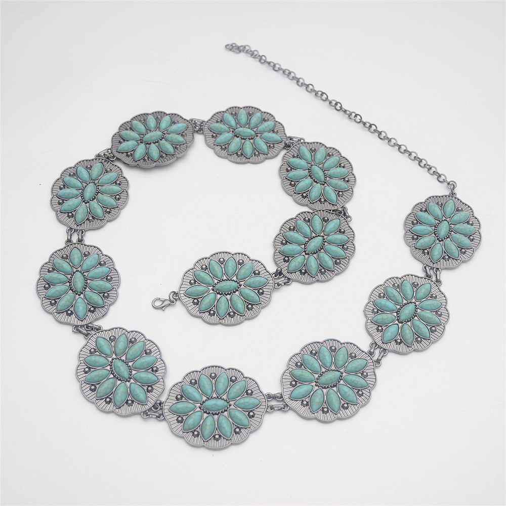 New design Fashion Women's Western Oval Turquoise Stone Concho Skinny Chain Belt