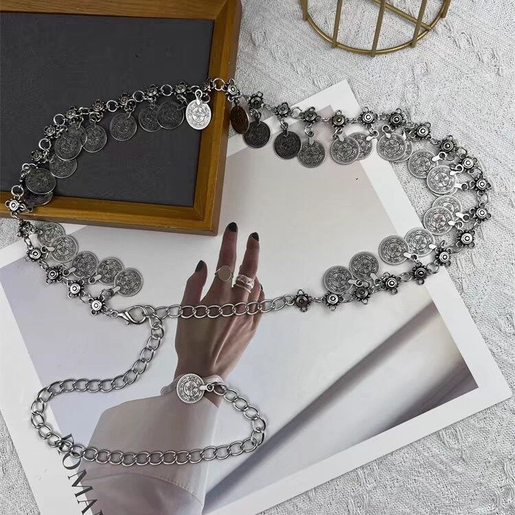 Vintage Style Tassel Body Chain Belt Single Layer Concho Metal Belt Belly Chain for Women