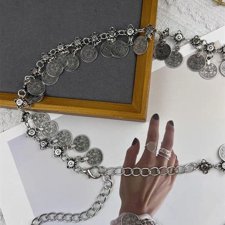 Vintage Style Tassel Body Chain Belt Single Layer Concho Metal Belt Belly Chain for Women