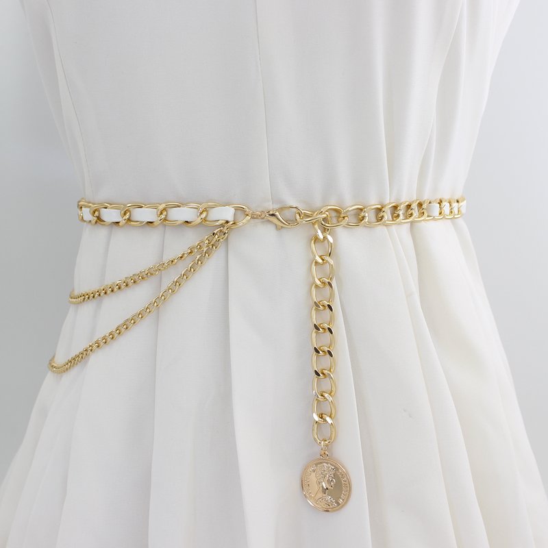 Vintage Ladies Fashion Accessories Luxury Designer High Quality Gold Silver Metal Pu Chain Waist Belts for Women
