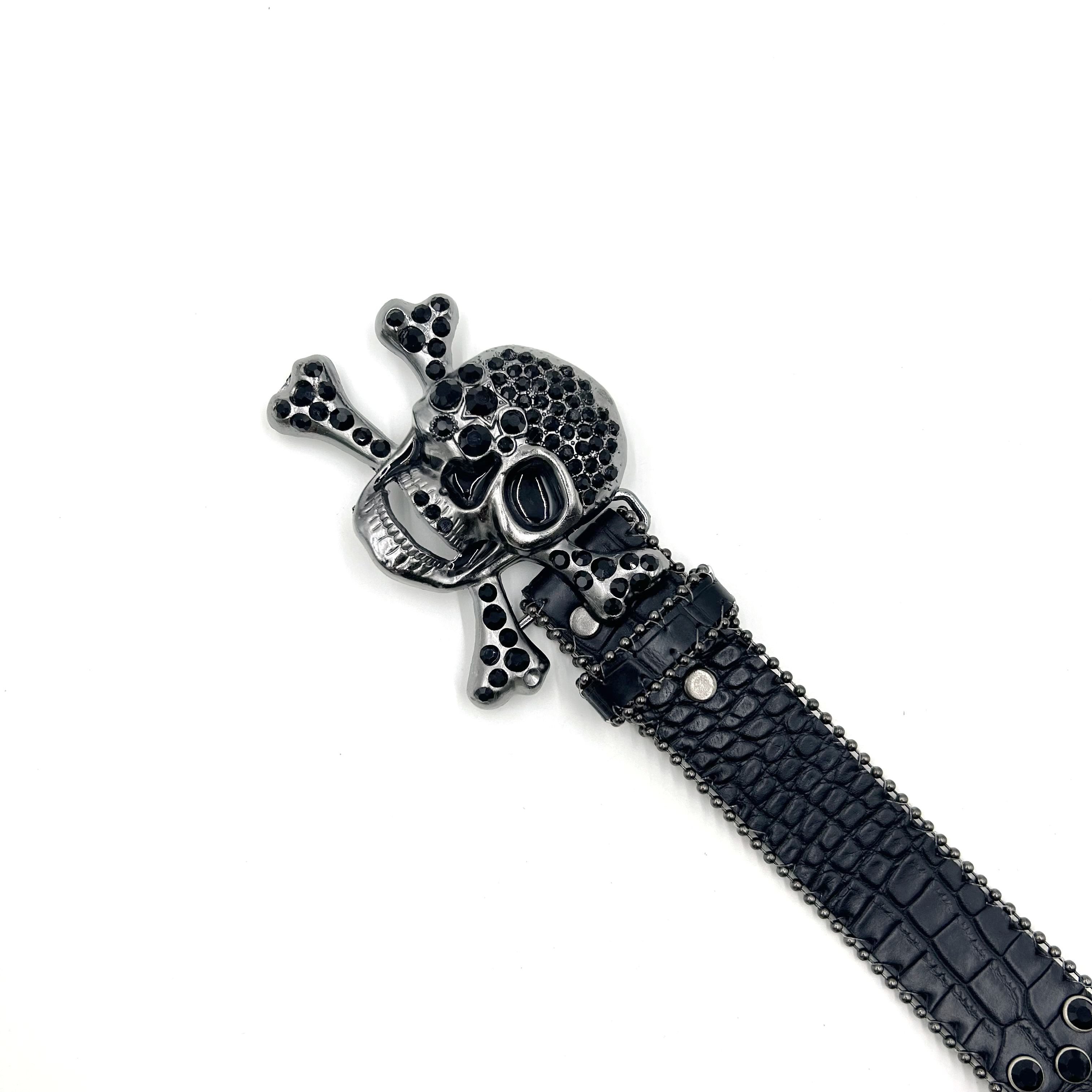 removable Western crystal alloy skull buckle diamond Rhinestone studded PU wide shiny fancy leather strap belt
