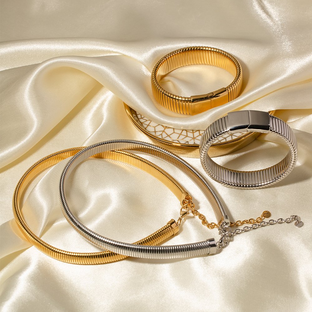 10mm 16k Gold Plated Stainless Steel Minimalist Chunky Belt Snake Chain Bracelets Choker Necklaces Sets