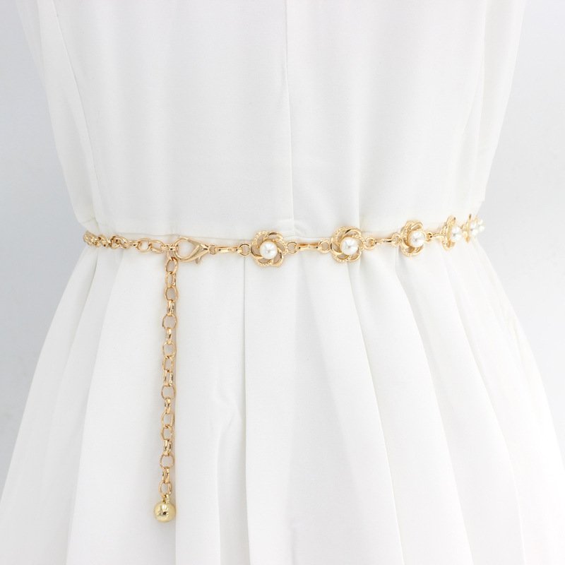 Alloy Inlaid Pearl Beaded Belt Suit Long Skirt Waist Cinching Waist Chain Tassel Beaded Belt