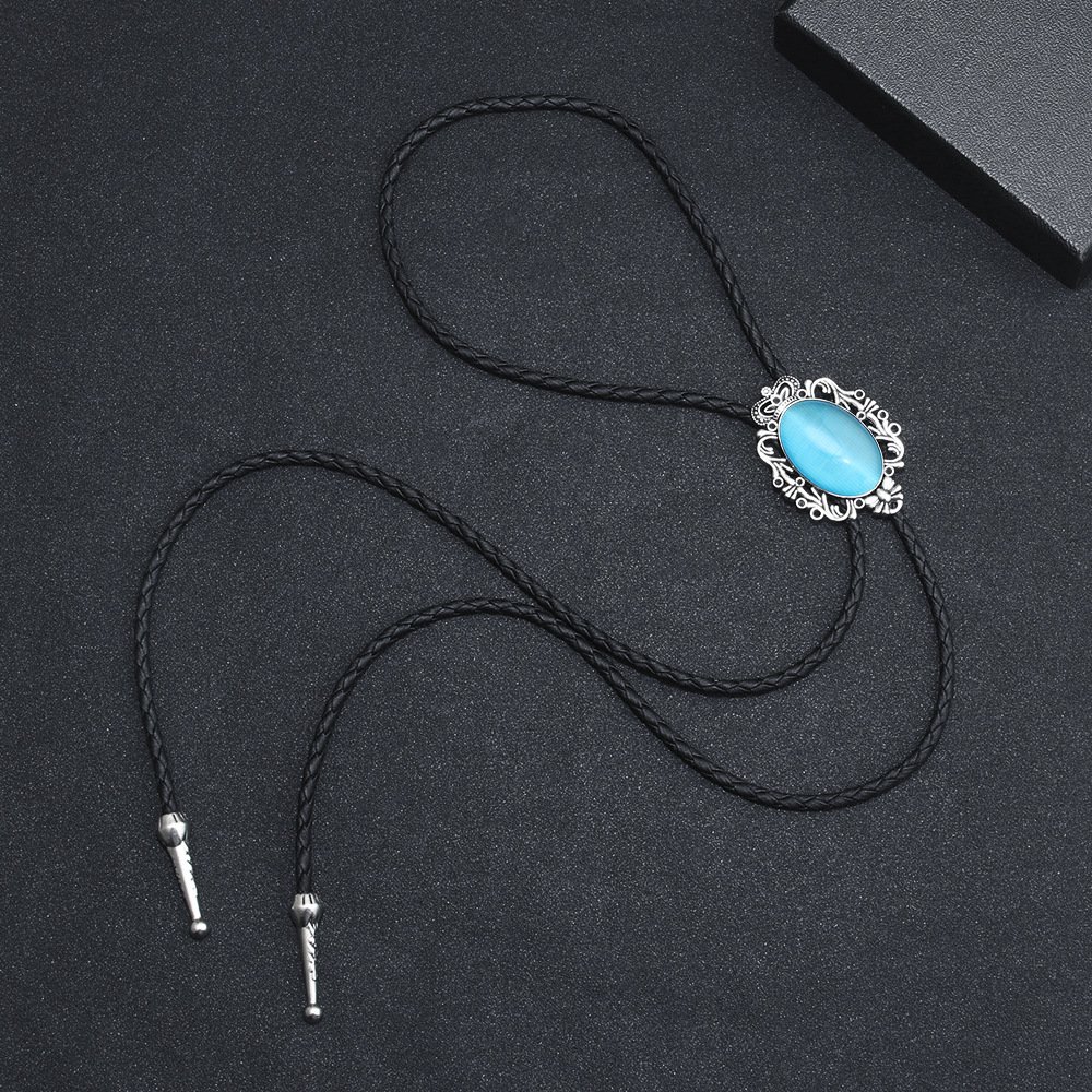 2024 professional design zinc alloy with Natural Tiger Eye Stone Cowboy hand braided Leather Bolo Tie Necktie for suits