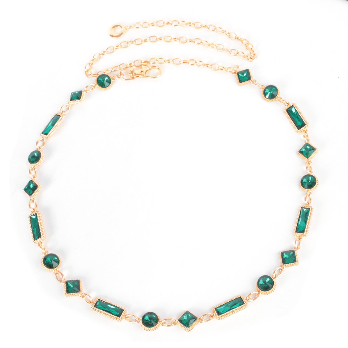 Fashion Women Diamond Chain Belts Gold Metal Waist Chain Belt For Women Lady Dress Jewelry Emerald Green Rhinestone Belly Chains