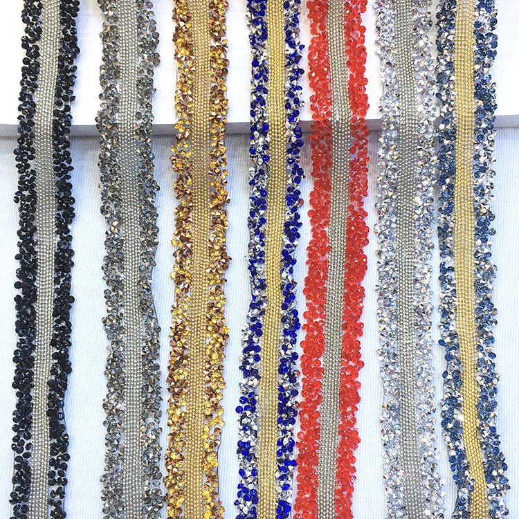 3cm resin rhinestone iron on 6raws bead chain hot fix trim for dress belt neckline