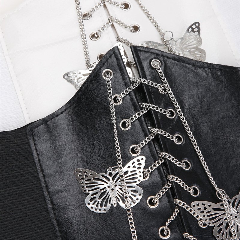 FF984 Dress Waspie Cincher Waistband with Metal Chain Lady Lace-up Leather Elastic Belts Women Corset Belt