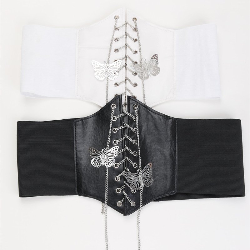 FF984 Dress Waspie Cincher Waistband with Metal Chain Lady Lace-up Leather Elastic Belts Women Corset Belt