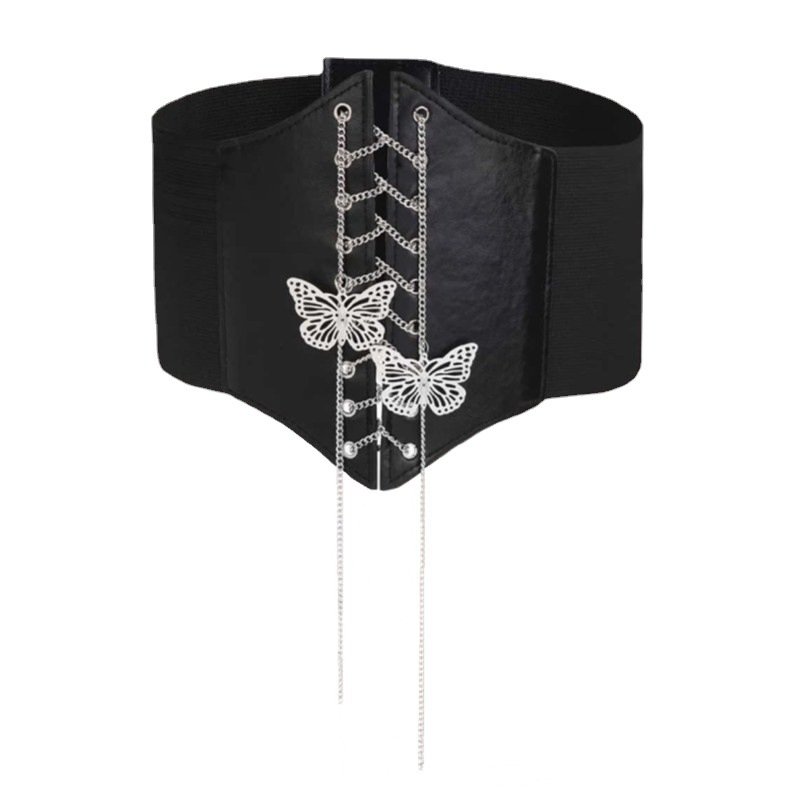 FF984 Dress Waspie Cincher Waistband with Metal Chain Lady Lace-up Leather Elastic Belts Women Corset Belt