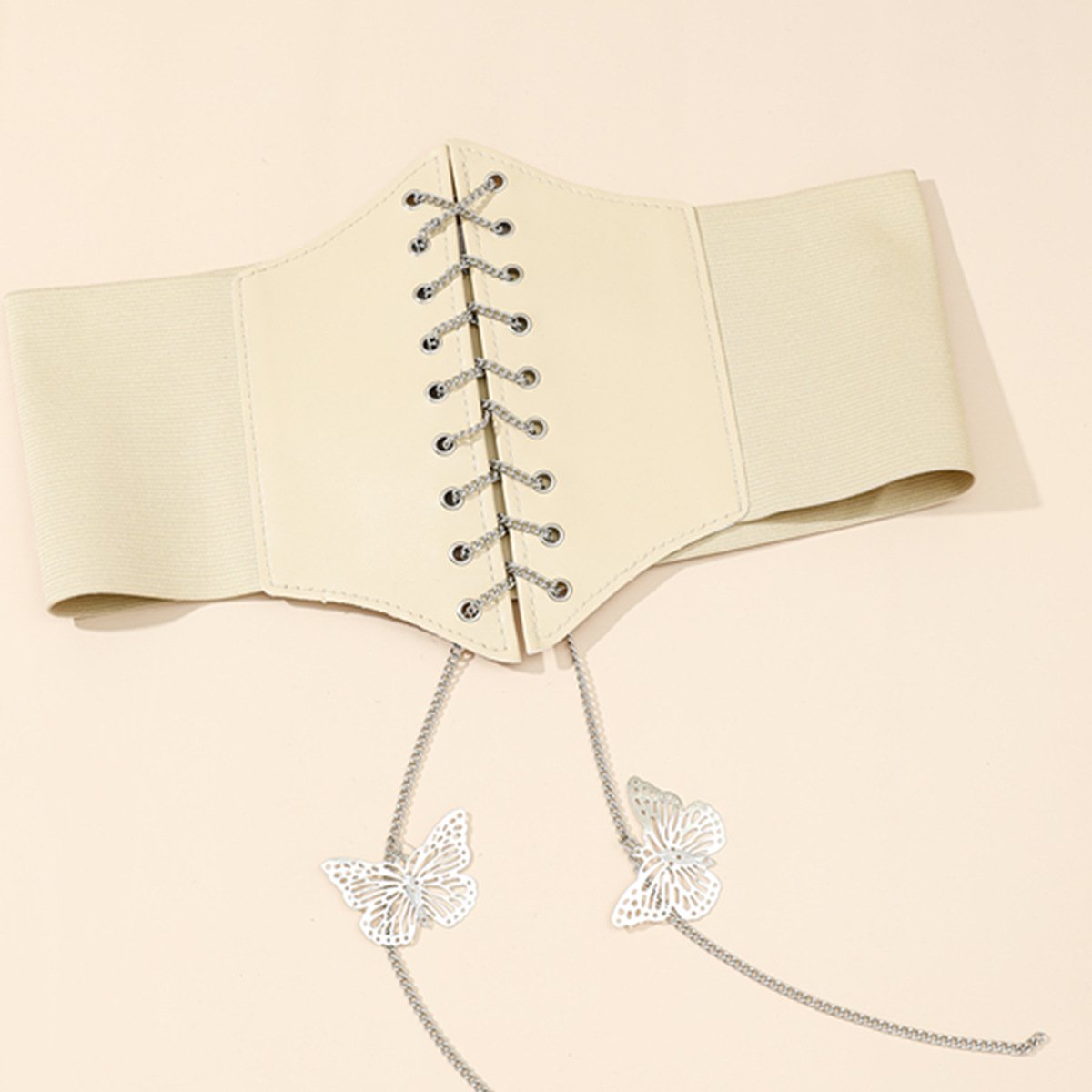 FF984 Dress Waspie Cincher Waistband with Metal Chain Lady Lace-up Leather Elastic Belts Women Corset Belt