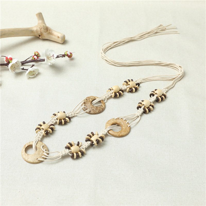 Vintage Cotton Rope Round Buckle Ladies Wide Belt With Skirt Tassel Waxed Rope Woven Waist Chain