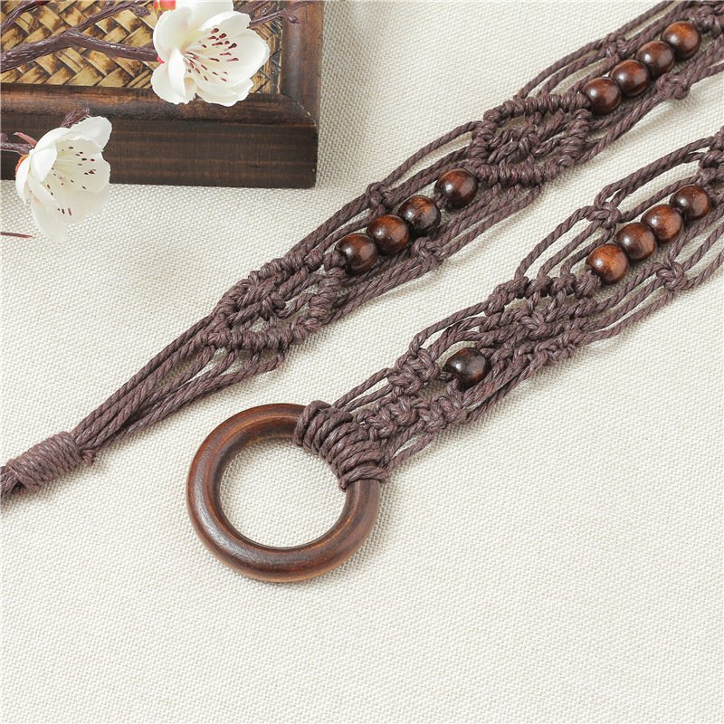 Vintage Cotton Rope Round Buckle Ladies Wide Belt With Skirt Tassel Waxed Rope Woven Waist Chain