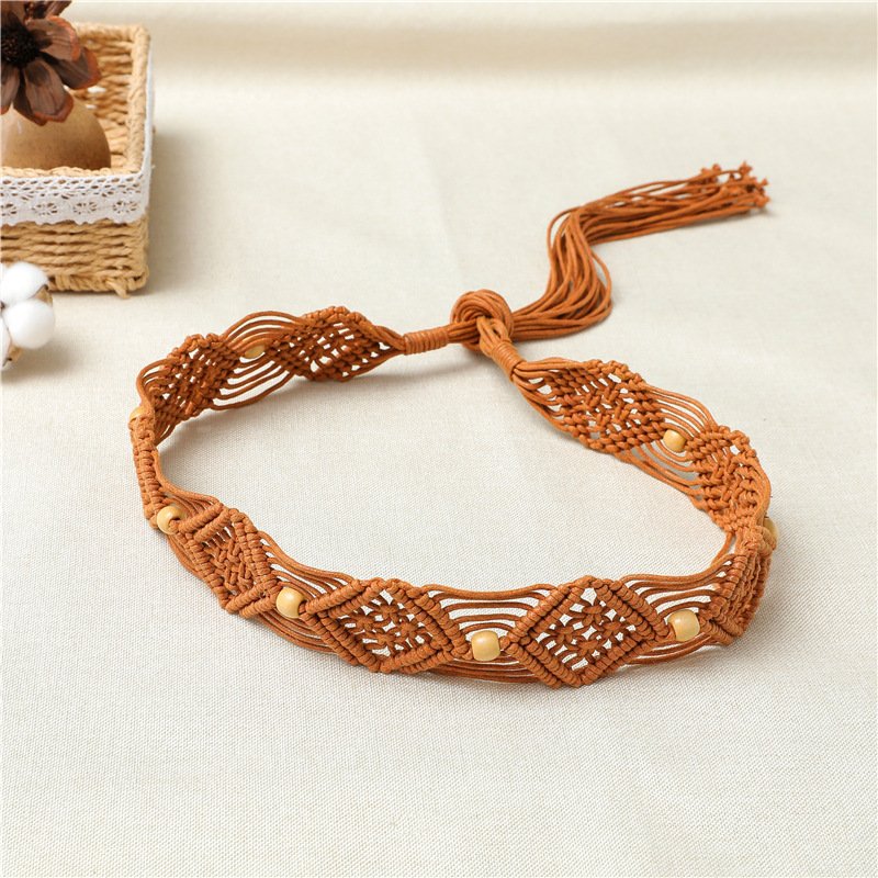 Vintage Cotton Rope Round Buckle Ladies Wide Belt With Skirt Tassel Waxed Rope Woven Waist Chain