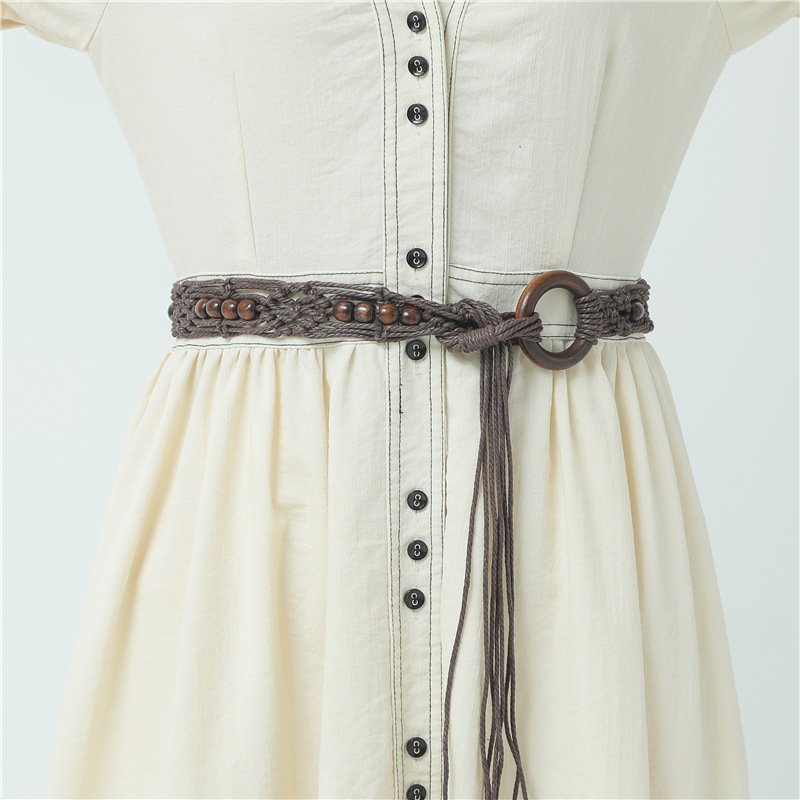 Vintage Cotton Rope Round Buckle Ladies Wide Belt With Skirt Tassel Waxed Rope Woven Waist Chain