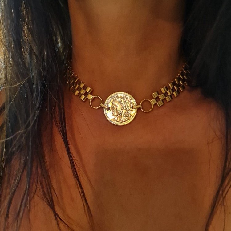 Watch Belt Choker Modern Bold Jewelry Stainless Steel Shoulder Chain Necklace 18K Gold Plated Chunky Chain Coin Necklace