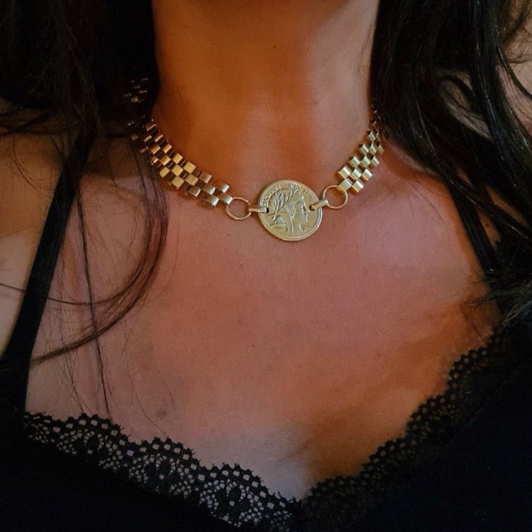 Watch Belt Choker Modern Bold Jewelry Stainless Steel Shoulder Chain Necklace 18K Gold Plated Chunky Chain Coin Necklace