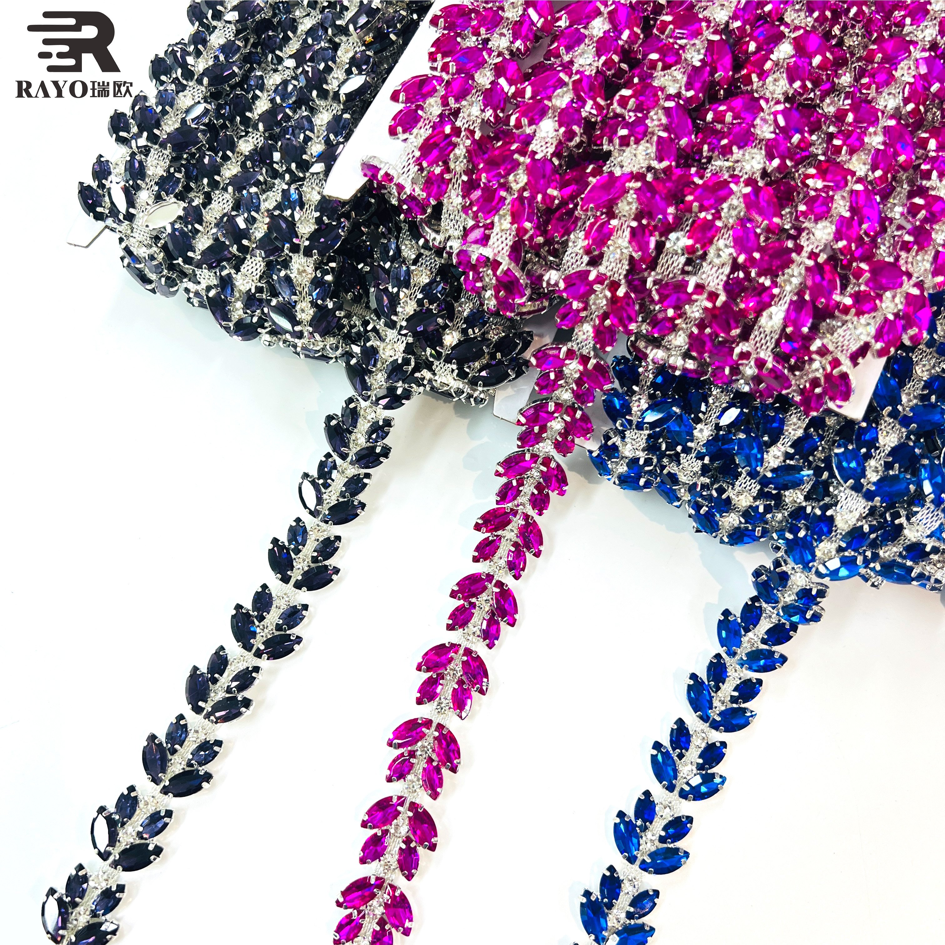Customized Flatback Chain-Shaped Rhinestone Applique Multiple Colors Crystal Fringe Trim Woman's Wedding Dress Garment