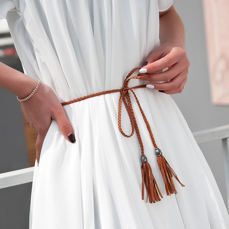 Factory Direct Sales Women's Business Style Pu Fine Braided Belts Tassel Waist Chains With Wire Sewing Girls Dress Occasion