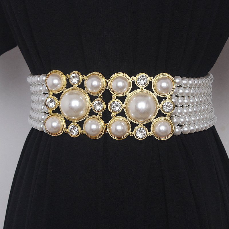 Luxury Retro Full Pearl Diamond Buckle Elastic Wid Waist Chain Women Pearl Belt